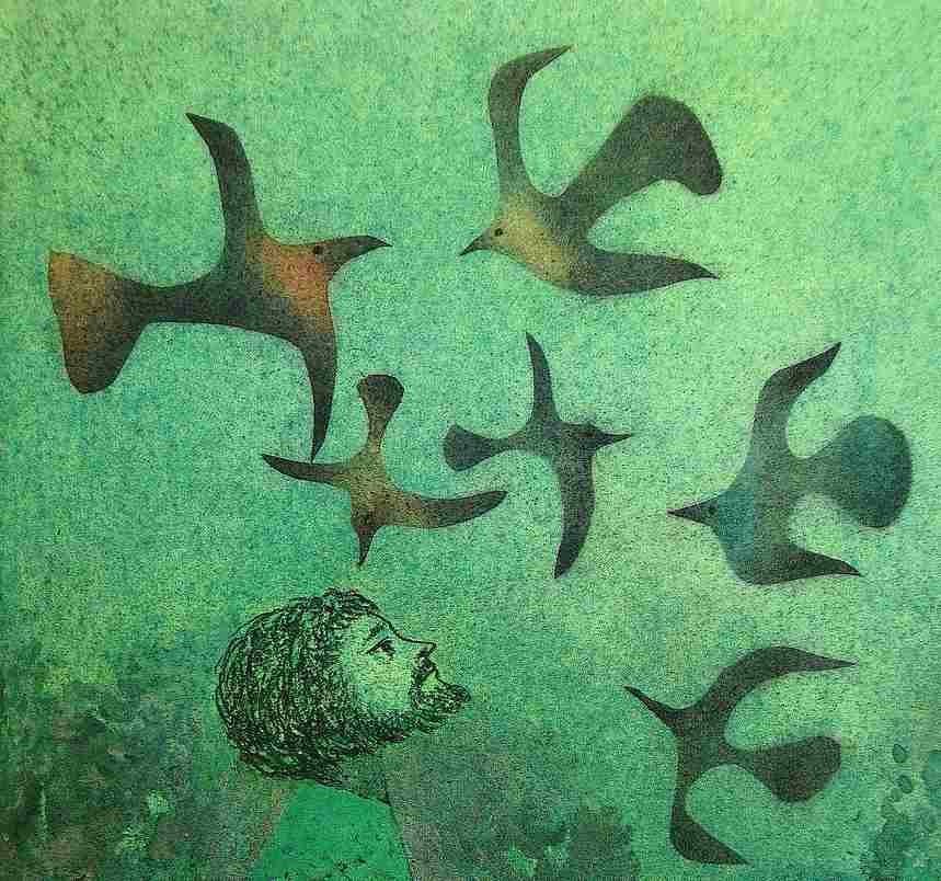 Un barbu observe des oiseaux Illustration tirée des albums de contes des éd Grund