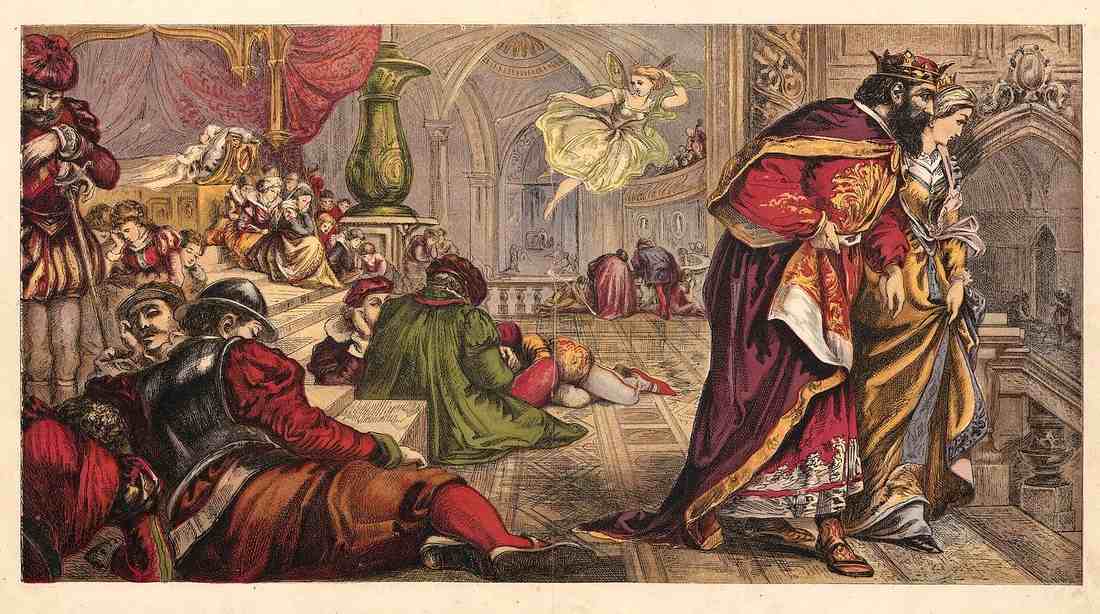 Le roi et la reine dans un palais ou tous les personnages s'endorment Illustration d'un livret pour enfants