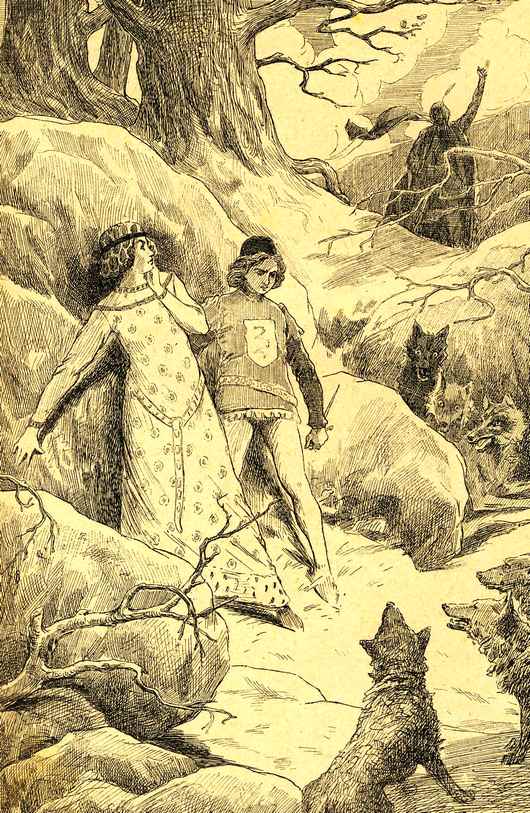Un couple de jeunes gens encerclés par les loups Illustration tirée d'un livre pour enfant